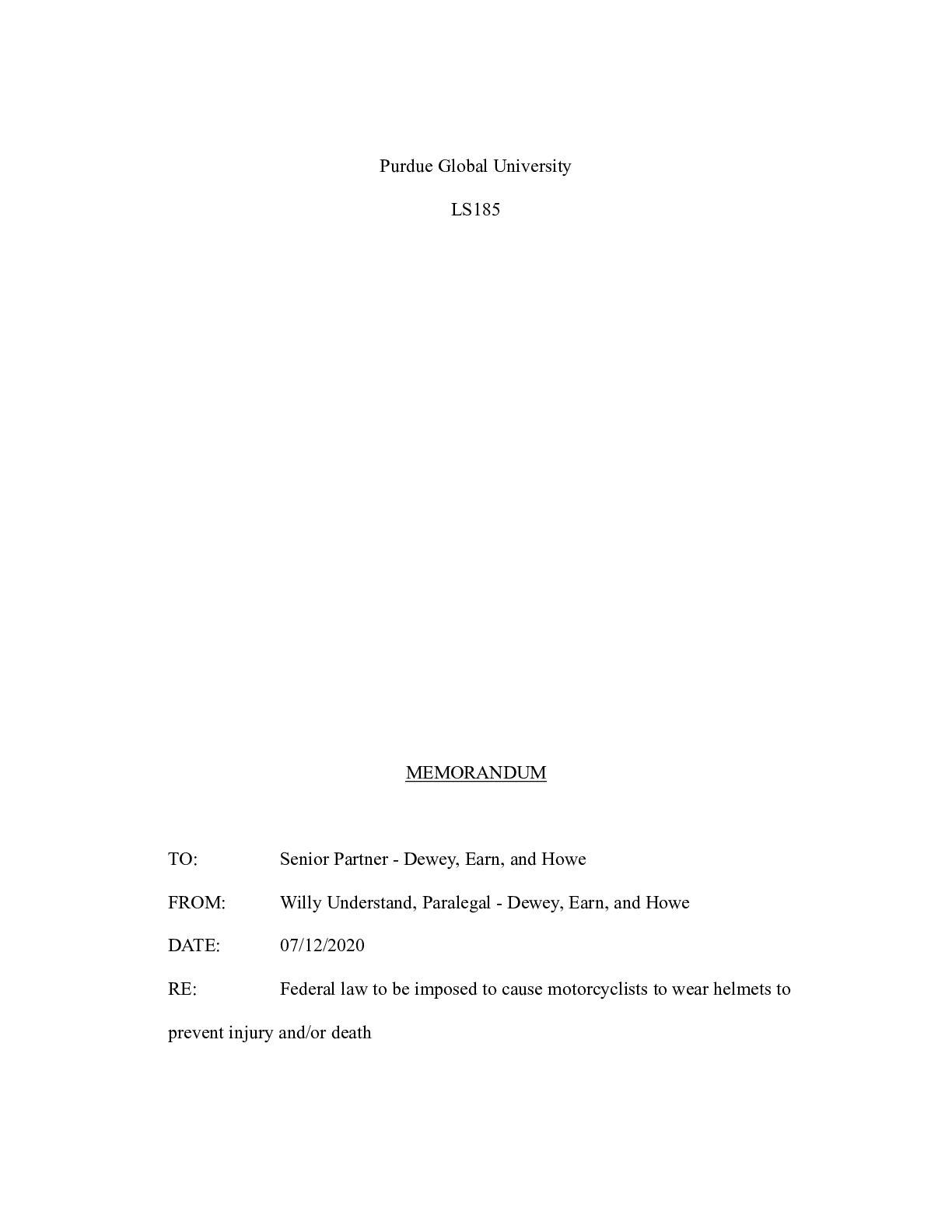 Preview image for LS185Unit2Assignment.docx    Purdue Global University  LS185   MEMORANDUM  TO:Senior Partn